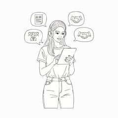 Obraz premium Young woman with headphones using tablet for online communication, remote work, virtual meetings, and job search. HR, customer service, and business collaboration concept.