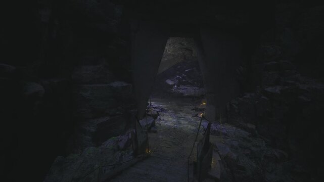 Deep cavern shaft frames distant sky opening, rope ladder descending from rim, scattered lanterns marking route, rescue scenario implied, cold moist air