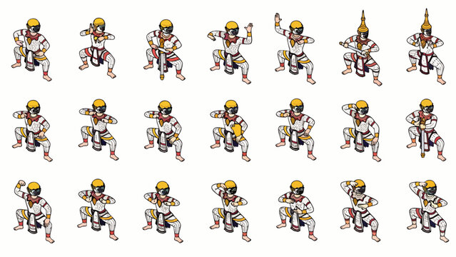 Thai traditional dance character poses, multiple variations of Ramakien-inspired figures in dynamic action, cultural art, vector illustration.