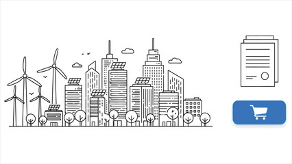 Fototapeta premium Sustainable City Vector Illustration – Eco Houses, Solar Panels, Wind Turbines, and Smart Technology