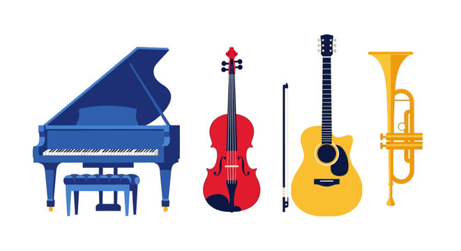 colorful icons of musical instruments, piano, violin, guitar, trumpet