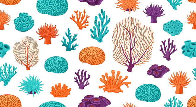 Vibrant coral reef seamless pattern with colorful marine life