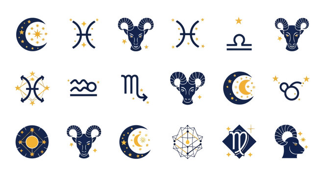 Zodiac signs and astrology symbols on white background