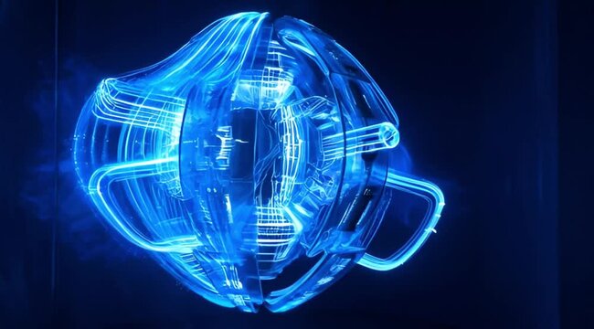 Ultra Futuristic Quantum Data Core Rotating in Glass Chamber with Glowing Energy Circuits