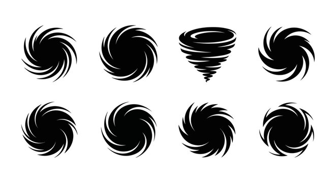 Collection of swirling vortex shapes ideal for design work on transparent background silhouette
