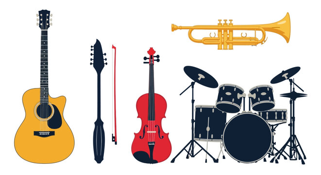 Variety of musical instruments on white background