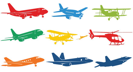 Colorful illustrations of various aircraft including planes helicopters and biplanes © Momtaj