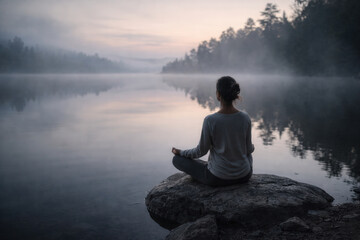 Fototapeta premium Woman Meditating on Rock by Misty Lake at Dawn