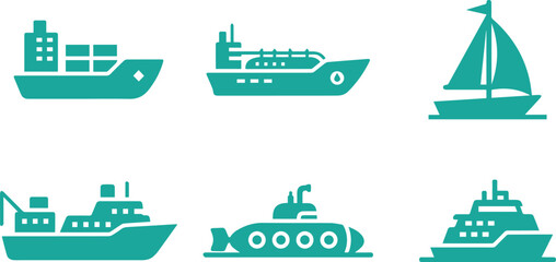 set of six teal maritime transport icons on white background