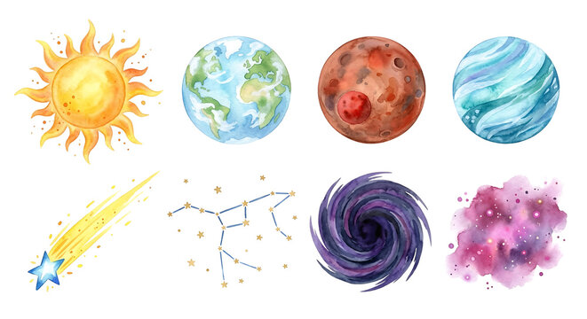 Detailed watercolor solar system clipart set. Realistic glowing sun and starry galaxy swirl. Earth Mars and a flaming comet. Educational space exploration elements. 