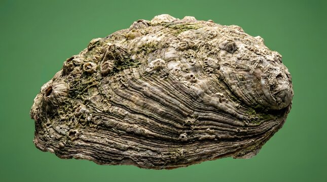Close-up of a rough oyster shell with barnacles on a green background