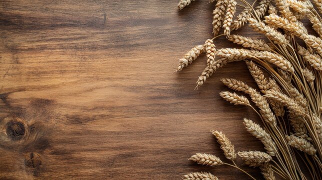 Golden wheat stalks arranged on rustic wood