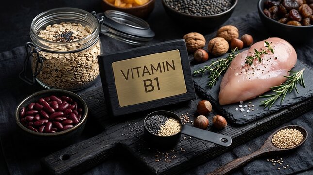Vitamin B1 rich foods displayed with raw ingredients and a golden plaque
