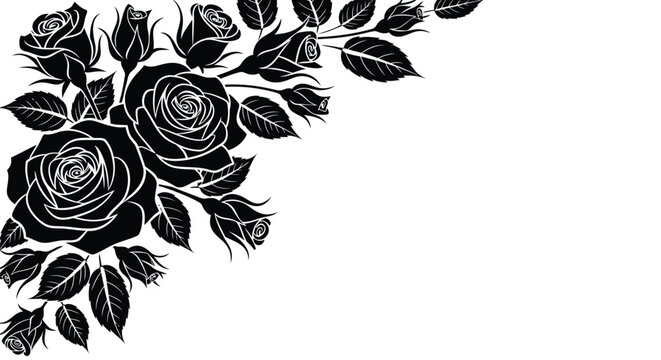 Rose elegant black floral corner border silhouette design with decorative leaves
