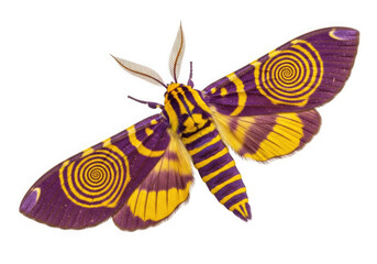 Fototapeta premium Vibrant purple and yellow moth with striking circular patterns isolated on white background