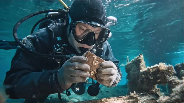 Underwater close-up of a scuba diver in full gear examining a piece of coral or wreck, with a blue water backdrop; dramatic, immersive, adventure-themed
