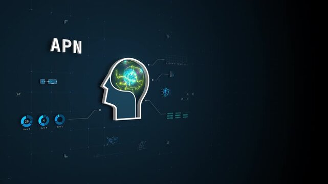 Futuristic AGI digital brain and automation concept with HUD data interface animation, Seamless Loop.