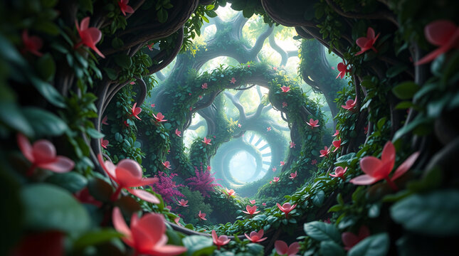 The Deepening Bloom-Covered Helix Path: Wandering into an Enshrouded Spiral Forest Tunnel with Massive Foreground Pink Flowers Leading to a Glimmering, Mystical Central Spiral Stairway