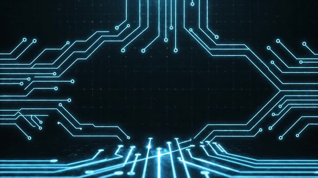 Glowing blue circuit board design on a dark background with a white bottom border, showcasing intricate electronic pathways in a futuristic and technological composition.