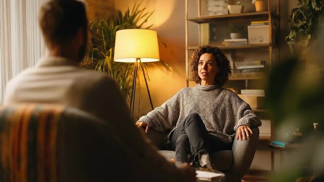Portrait of a woman in a cozy living room, wearing a chunky knit sweater, seated opposite a blurred companion; warm lamp light and bookshelves create an intimate, candid mood