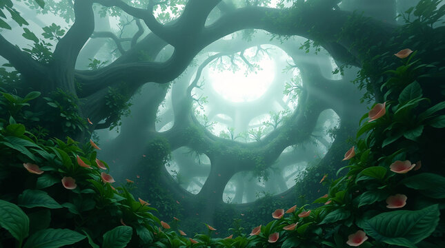 Mystical, Impossible Geometry Spiral Forest, Looking Up Through an Ancient, Hand-Painted Tree Structure towards a Volumetric Light Well in a Foggy, Dreamlike Realm, with Lush Greenery