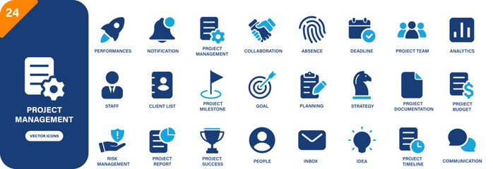Fototapeta na wymiar Project management icon collection featuring project budget, planning, performances, goal and project team symbols. Solid vector icons.