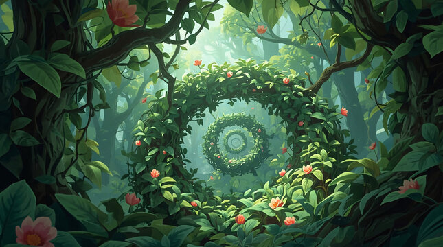 Ethereal Forest Vortex: A Stylized 3D Hand-Painted Environment with Spiraling Botanical Tunnels and Floating Petals