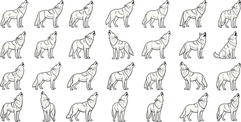 Howling wild wolf line art vector illustration collection © Husmath