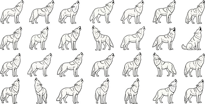 Howling wild wolf line art vector illustration collection