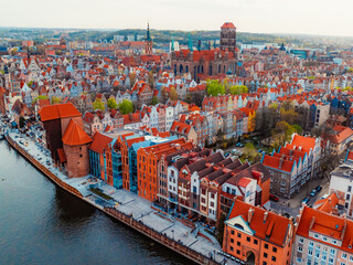 Gdansk with Motlawa river in Poland. Aerial landscape of the Main Town. Old town colourful house with saint Marys church © Zedspider