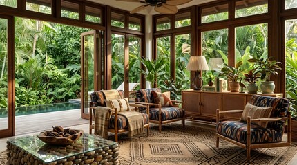 Fototapeta premium Eco Style Living Room with Tropical Garden View, Cozy Natural Interior