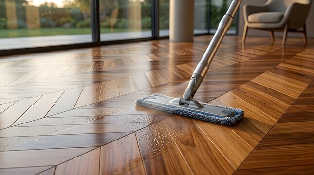 Mop Cleaning Wooden Floor in Sunlit Modern Room, Hygiene and Cleaning Concept