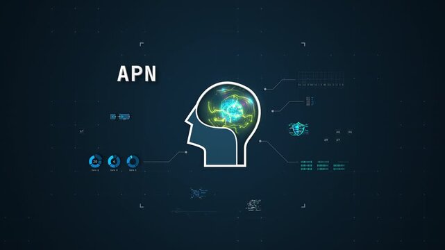 Futuristic AGI digital brain and automation concept with HUD data interface animation, Seamless Loop.