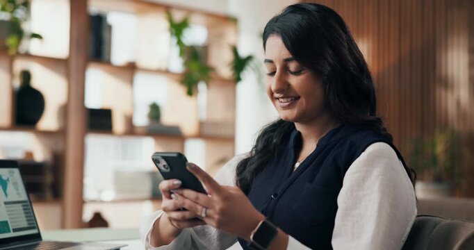 Woman, phone and happy in office with typing, email response and problem solving for business. Creative, project management and idea in event agency with decision, brainstorming solution and feedback