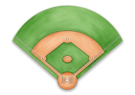 Baseball field illustration, overhead view, green grass and brown dirt