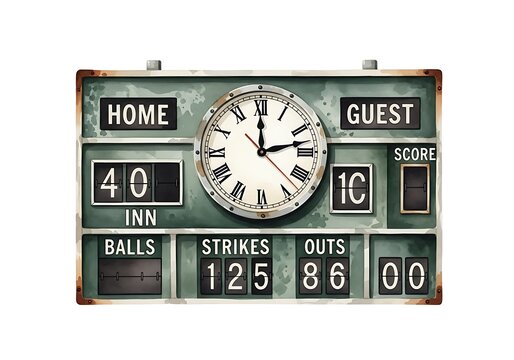 Vintage baseball scoreboard with clock, score display, and innings tracker