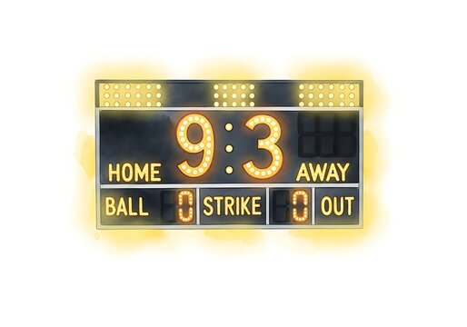 Baseball scoreboard display with yellow numbers and lights
