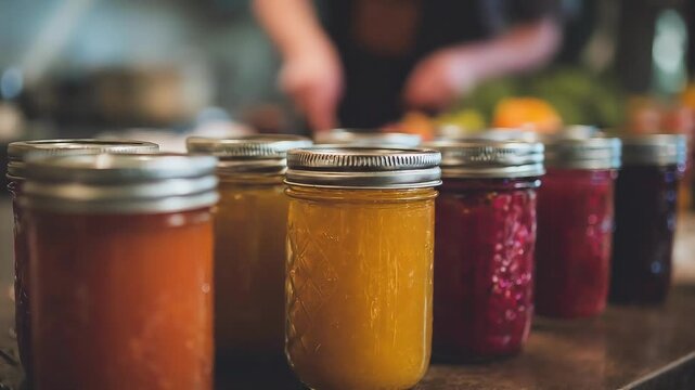 Close-up of colorful jam jars lined up on a rustic wooden table; warm lighting highlights glass and metal lids, creating an artisanal vibe