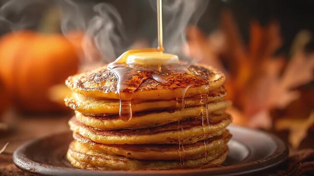 Close-up of a tall stack of golden pancakes on a plate, syrup streaming over the edges with a warm autumn backdrop