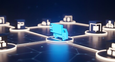 Fototapeta premium Glowing 3D delivery truck icon connected to a digital grid network representing supply chain logistics