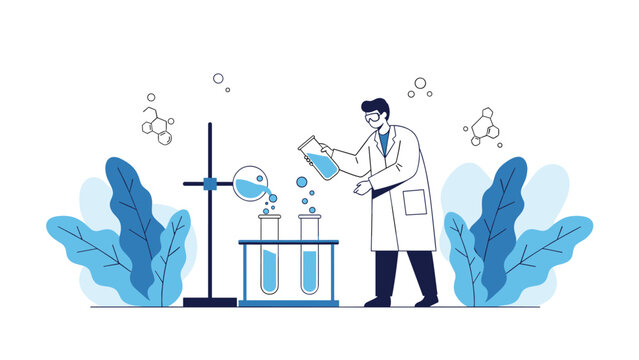 Male scientist in a white lab coat conducts chemical experiments with test tubes and flasks in a stylized botanical laboratory setting.