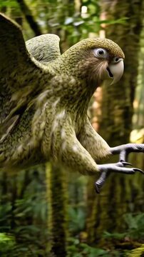 A Kea parrot flies through a lush green forest with wings spread, exotic alpine bird, mountain wildlife, avian action.