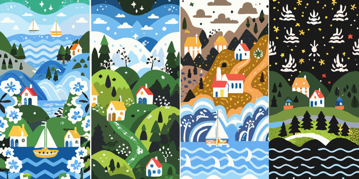 Four vertical panels displaying colorful illustrated landscapes with houses and water