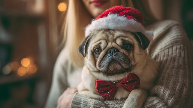 A woman holds a festive pug wearing a Santa hat indoors