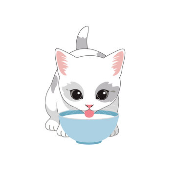 Cute White Kitten Drinking Milk From Blue Bowl, Adorable Pet Animal Illustration