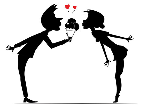 Young man treats an ice cream to young woman. Black and white illustration
