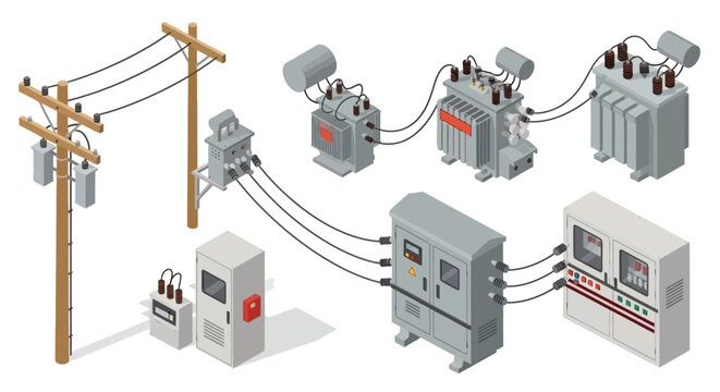 Isometric illustration depicting electrical power distribution infrastructure and components