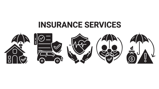 Insurance Services Black and White Vector Icons Set Isolated
