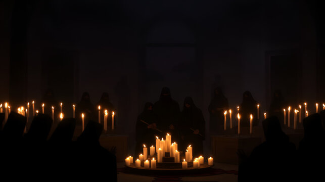Mysterious Dark Ceremony with People in Black Robes Surrounded by Candles