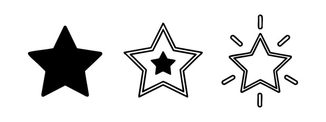 Obraz premium Three star icons in various styles, black and white vector set for design projects.